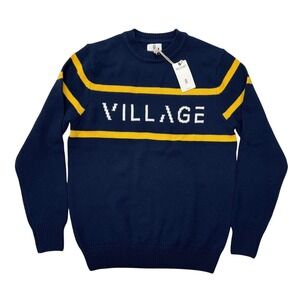 Hillflint Village Mens Navy Blue Yellow Striped Cotton Blend Sweater Medium NWT